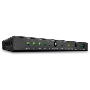 Lindy 4 prievadų HDMI 18G jungiklis su garsu, metalinis, juodas, 18 Gbit/s, 3840 x 2160 pikselių, 5.1 kanalai