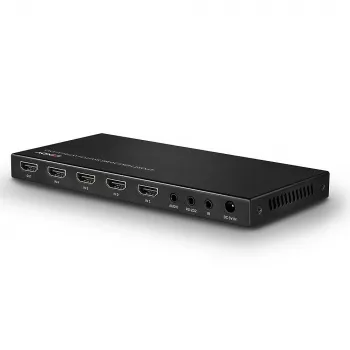 Lindy 4 prievadų HDMI 18G jungiklis su garsu, metalinis, juodas, 18 Gbit/s, 3840 x 2160 pikselių, 5.1 kanalai