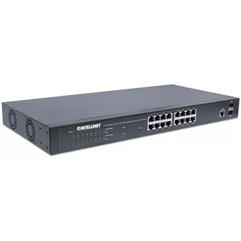 Intellinet 16 prievadų Gigabit Ethernet PoE+ žiniatinklio valdomas komutatorius su 2 SFP prievadais, IEEE 802.3at/af, 374 W, Endspan, 19 colių stelažinis
