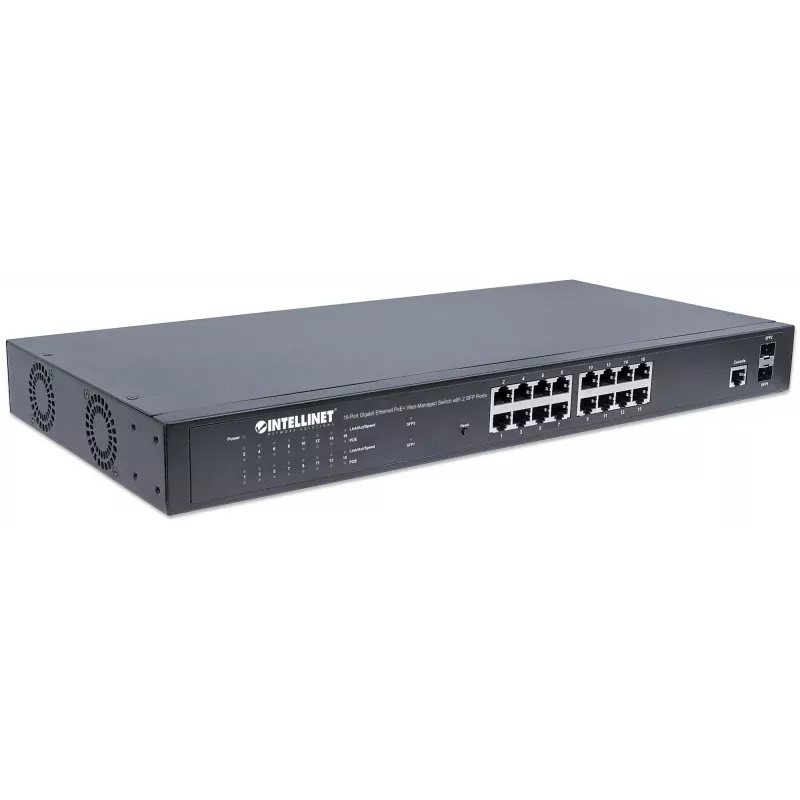 Intellinet 16 prievadų Gigabit Ethernet PoE+ žiniatinklio valdomas komutatorius su 2 SFP prievadais, IEEE 802.3at/af, 374 W, Endspan, 19 colių stelažinis