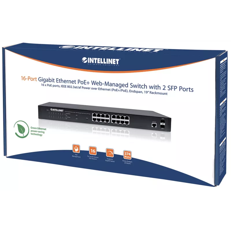 Intellinet 16 prievadų Gigabit Ethernet PoE+ žiniatinklio valdomas komutatorius su 2 SFP prievadais, IEEE 802.3at/af, 374 W, Endspan, 19 colių stelažinis