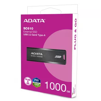 USB atmintukas ADATA SC610 1 TB, USB Type-A, USB 3.2 Gen 2, rankovės formos, juodas, plastikinis korpusas