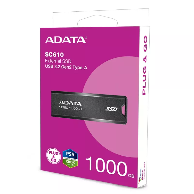 USB atmintukas ADATA SC610 1 TB, USB Type-A, USB 3.2 Gen 2, rankovės formos, juodas, plastikinis korpusas