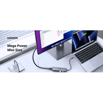 UGREEN USB-C 5-in-1 dokas 15596 USB 3.2 Gen 1 Type-A + Type-C, 3× USB-A, 1× USB-C PD 100W, 1× HDMI 2.0, aliuminis