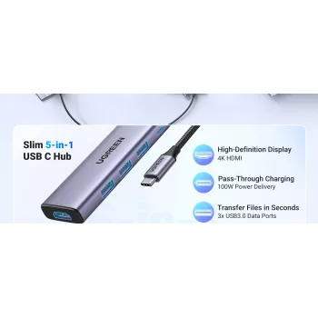 UGREEN USB-C 5-in-1 dokas 15596 USB 3.2 Gen 1 Type-A + Type-C, 3× USB-A, 1× USB-C PD 100W, 1× HDMI 2.0, aliuminis