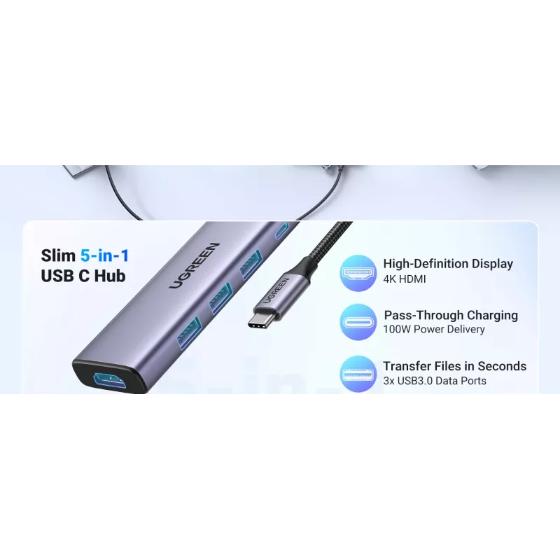 UGREEN USB-C 5-in-1 dokas 15596 USB 3.2 Gen 1 Type-A + Type-C, 3× USB-A, 1× USB-C PD 100W, 1× HDMI 2.0, aliuminis