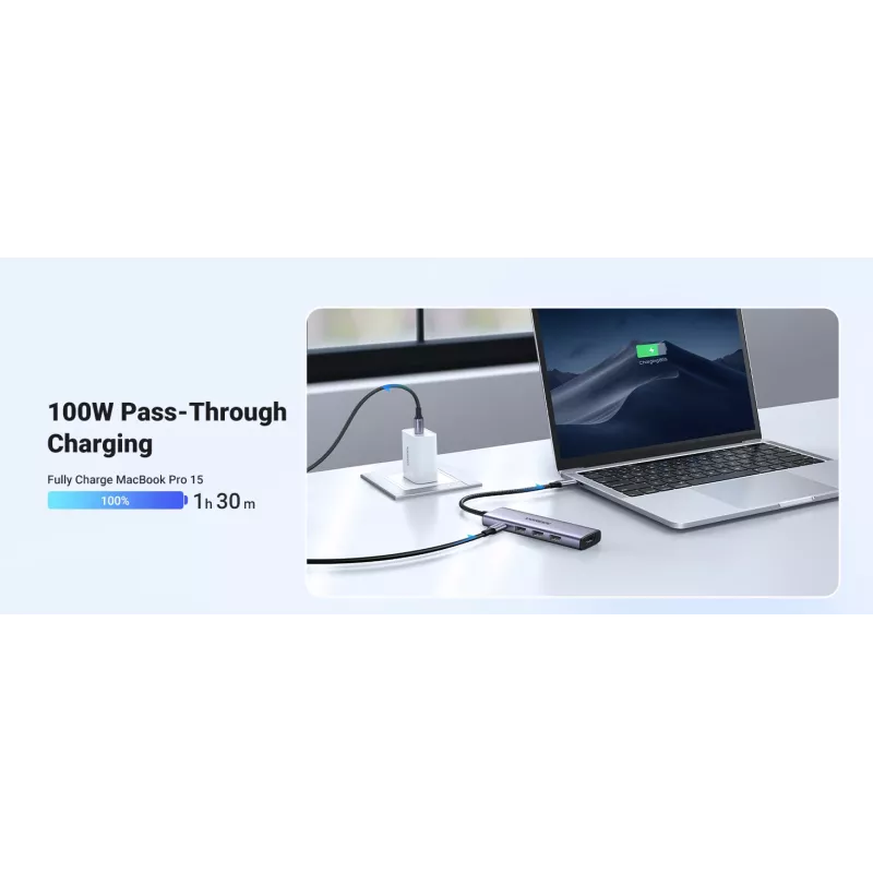 UGREEN USB-C 5-in-1 dokas 15596 USB 3.2 Gen 1 Type-A + Type-C, 3× USB-A, 1× USB-C PD 100W, 1× HDMI 2.0, aliuminis
