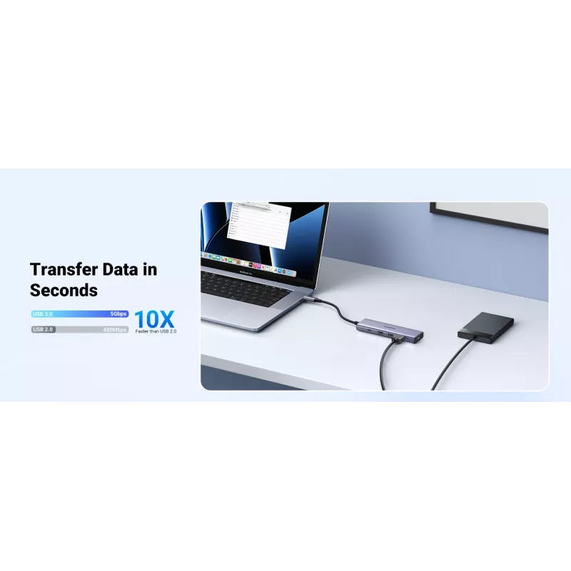 UGREEN USB-C 5-in-1 dokas 15596 USB 3.2 Gen 1 Type-A + Type-C, 3× USB-A, 1× USB-C PD 100W, 1× HDMI 2.0, aliuminis