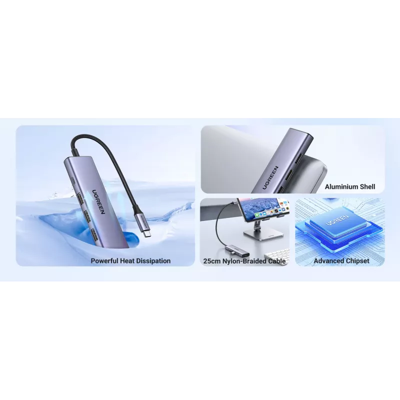 UGREEN USB-C 5-in-1 dokas 15596 USB 3.2 Gen 1 Type-A + Type-C, 3× USB-A, 1× USB-C PD 100W, 1× HDMI 2.0, aliuminis