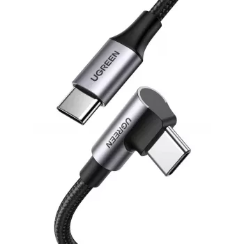 USB-C į USB-C laidas UGREEN 70643, USB 2.0, 1 m, 5 A, 480 Mbps, TPE korpusas, tiesus-kampinis jungtis, juoda/pilka