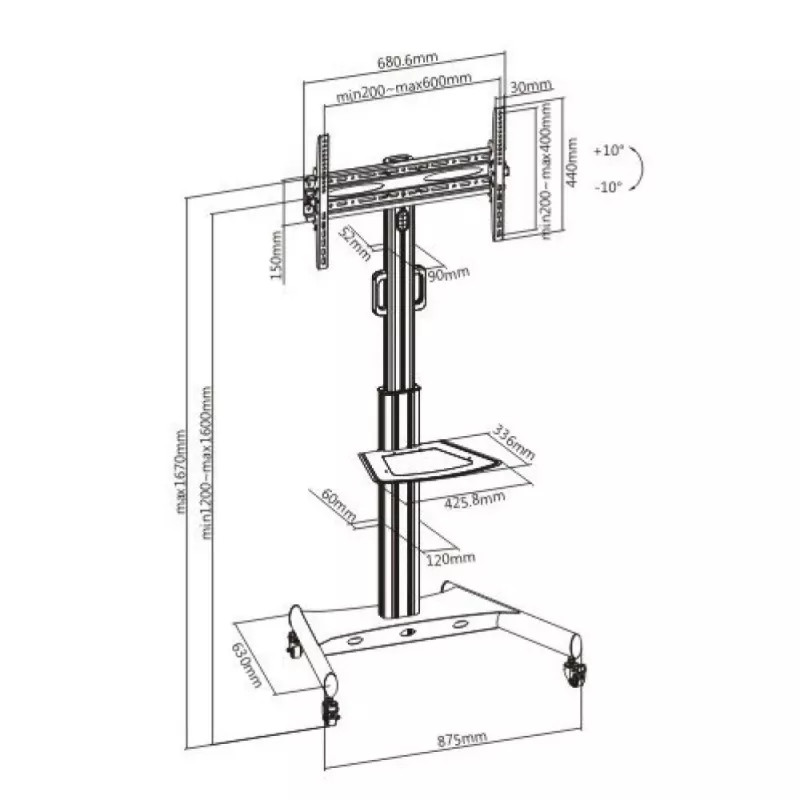 Grindinis TV vežimėlis TECHLY LCD/LED 32–65 colių (VESA 200x200–600x400, max 35 kg) su lentyna, juodas