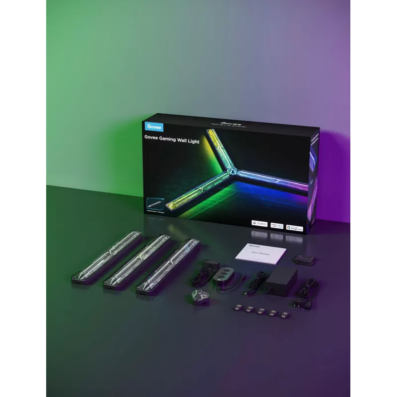 Išmaniosios sieninės šviesos plokštės Govee Gaming Wall Lights (4+1) – Wi-Fi/Bluetooth, daugiaspalvės, 4 vnt., 370×45×30 mm