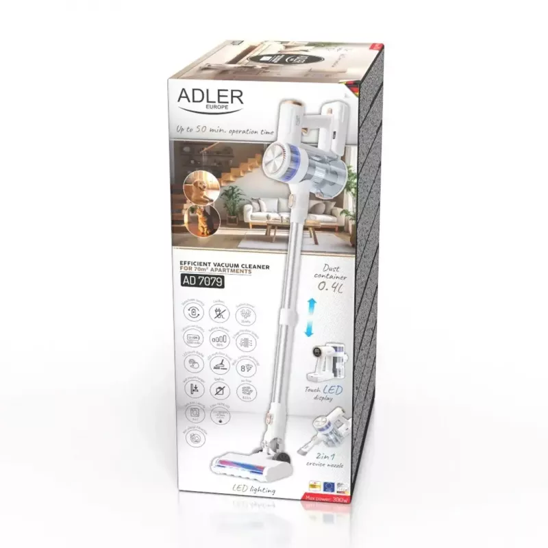 Belaidis vertikalus dulkių siurblys Adler AD 7079, bešepetėlis variklis, 9000 Pa, 2200 mAh, 0,4 L be maišelio