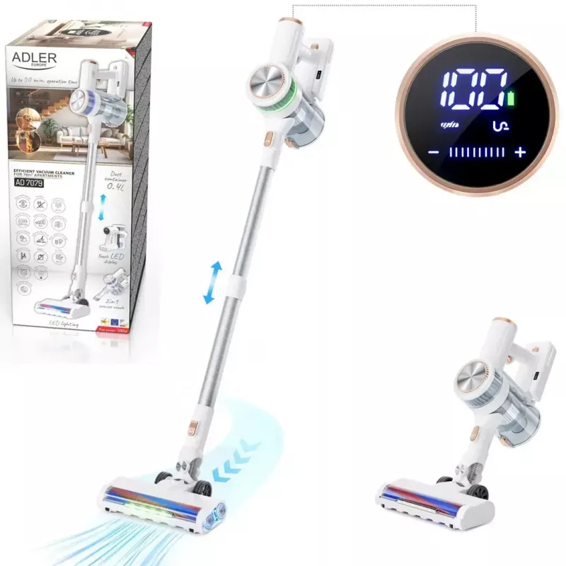 Belaidis vertikalus dulkių siurblys Adler AD 7079, bešepetėlis variklis, 9000 Pa, 2200 mAh, 0,4 L be maišelio