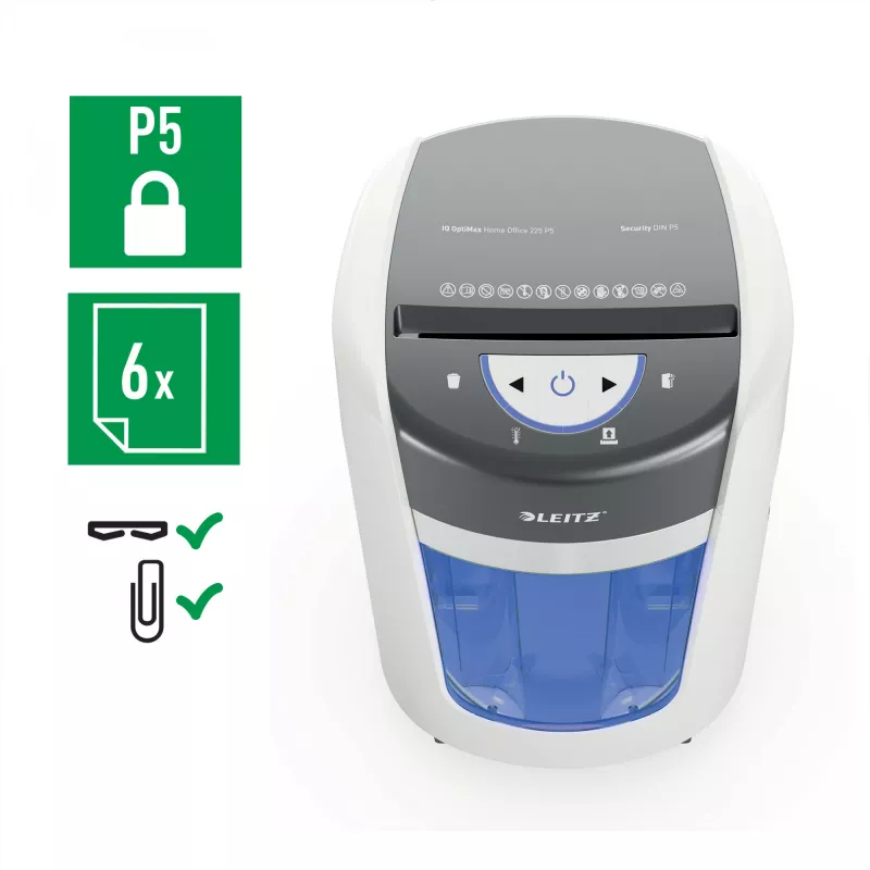 Popieriaus smulkintuvas Leitz IQ OptiMax Home Office 225 Micro Cut, apsaugos lygis P5, 15L - Baltas