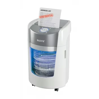 Smulkintuvas Leitz IQ OptiMax Small Office 350, mikro pjūvis, apsaugos lygis P5, 22 l, baltas