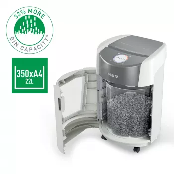 Smulkintuvas Leitz IQ OptiMax Small Office 350, mikro pjūvis, apsaugos lygis P5, 22 l, baltas