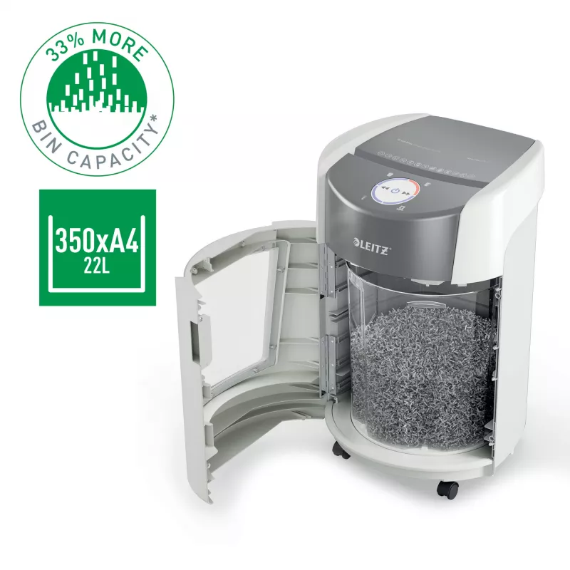 Smulkintuvas Leitz IQ OptiMax Small Office 350, mikro pjūvis, apsaugos lygis P5, 22 l, baltas
