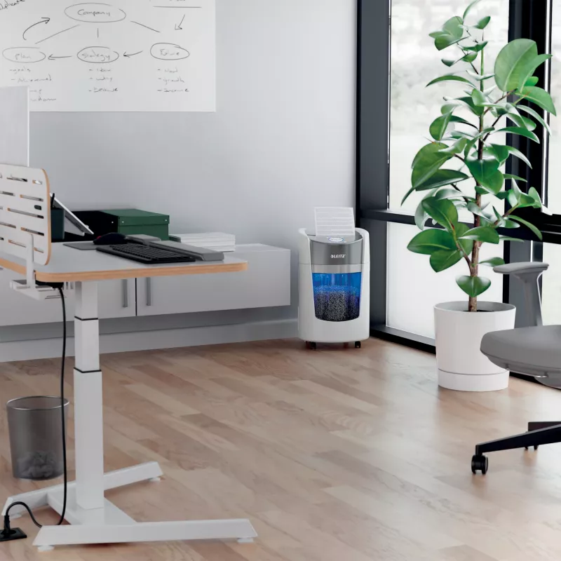 Smulkintuvas Leitz IQ OptiMax Small Office 350, mikro pjūvis, apsaugos lygis P5, 22 l, baltas