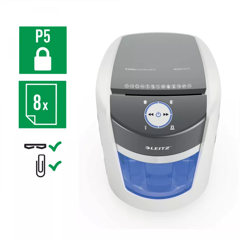 Smulkintuvas Leitz IQ OptiMax Small Office 350, mikro pjūvis, apsaugos lygis P5, 22 l, baltas