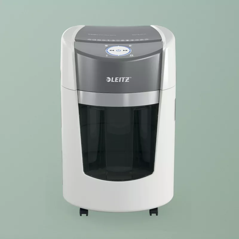 Smulkintuvas Leitz IQ OptiMax Small Office 350, mikro pjūvis, apsaugos lygis P5, 22 l, baltas