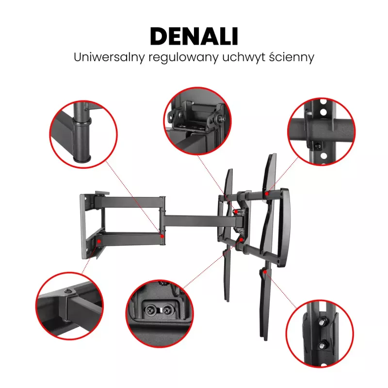 Sieninis TV laikiklis MONTIS DENALI MT162 37–105 col., plieninis, 75 kg, VESA 200x100–800x600, pakreipiamas/pasukamas/sukamas, 7,3–60,9 cm