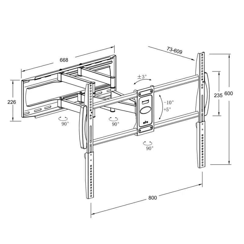 Sieninis TV laikiklis MONTIS DENALI MT162 37–105 col., plieninis, 75 kg, VESA 200x100–800x600, pakreipiamas/pasukamas/sukamas, 7,3–60,9 cm