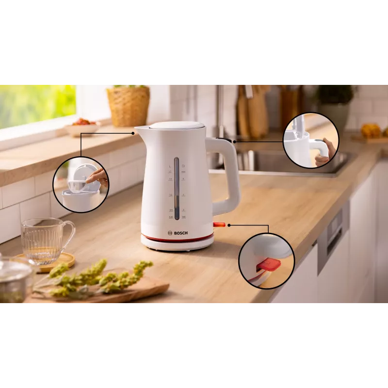 Elektrinis virdulys Bosch TWK3M121 — 1,7 L, 2400 W, baltas, plastikinis korpusas