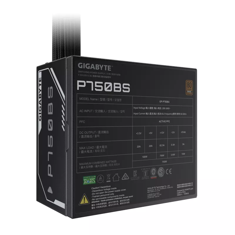 GIGABYTE P750BS maitinimo blokas – PCI-E 6+2 kontaktų x4, 80 PLUS Bronze, 120 mm ventiliatorius, ATX suderinamas, EU kištukas
