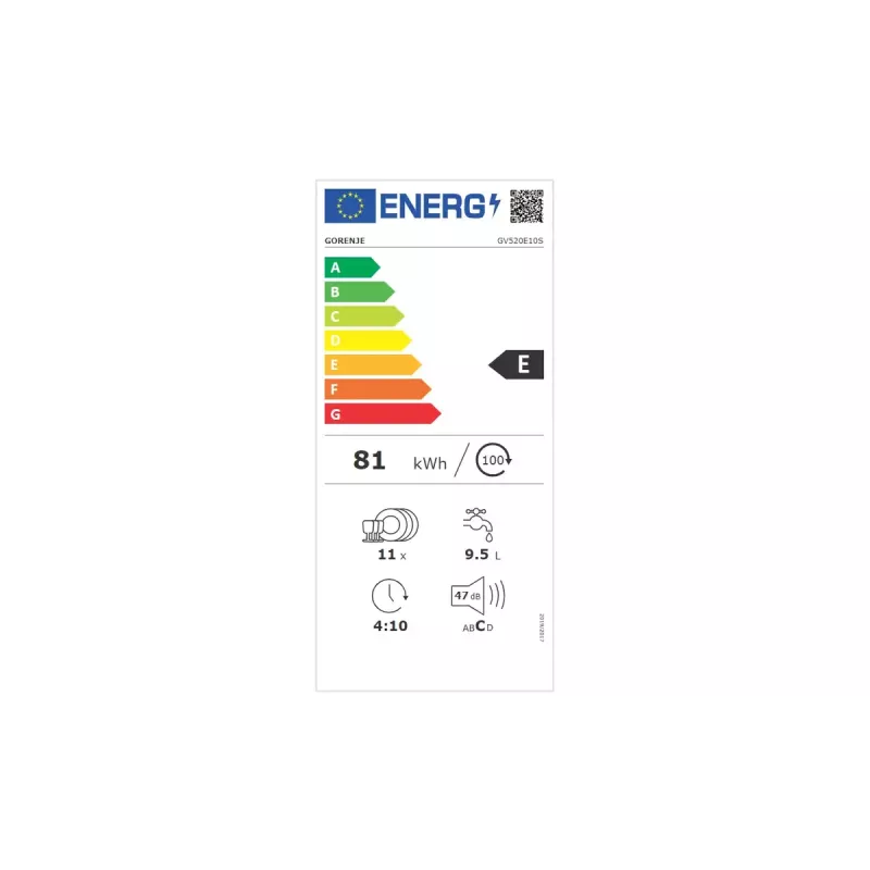 Įmontuojama indaplovė Gorenje GV520E10S, siaura 45 cm, 11 komplektų, 47 dB, nerūdijančio plieno vidus, AquaStop