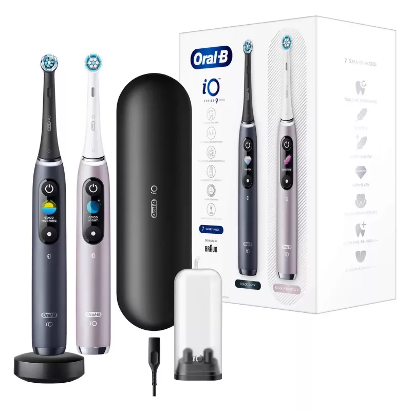 Elektrinis dantų šepetėlis Oral-B iO 9 suaugusiems, besisukantis, 2 rankenos, 2 antgaliai, įmontuotas akumuliatorius, 3 h įkrovimas, Juoda/Rožinė