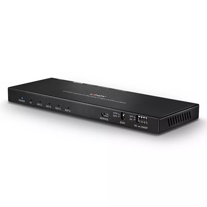 Lindy 4 prievadų HDMI 18G skirstytuvas su garso išvedimu ir raiškos mažinimu