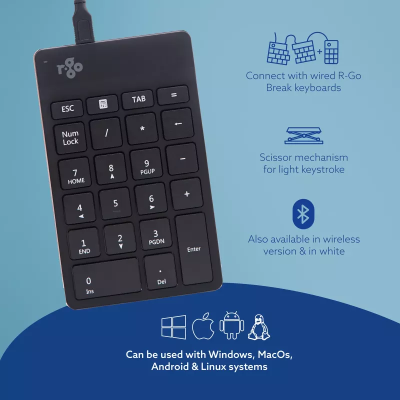 R-Go Tools Numpad Break – ergonomiškas skaitmeninis klaviatūros blokas su pertraukų programine įranga, laidinis, juodas