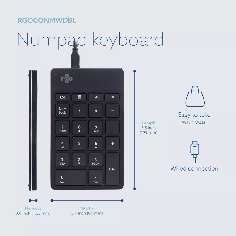 R-Go Tools Numpad Break – ergonomiškas skaitmeninis klaviatūros blokas su pertraukų programine įranga, laidinis, juodas