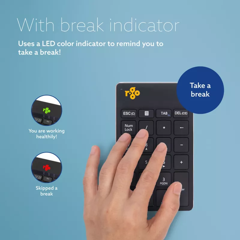 R-Go Tools skaitmeninis klavišų blokas R-Go Numpad Break, ergonomiškas skaitmeninis klavišų blokas su pertraukų programine įranga, Bluetooth, juodas