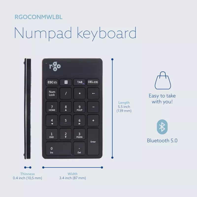R-Go Tools skaitmeninis klavišų blokas R-Go Numpad Break, ergonomiškas skaitmeninis klavišų blokas su pertraukų programine įranga, Bluetooth, juodas