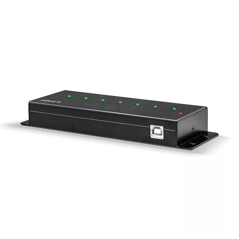 Lindy 42794 metalinis pramoninis USB 2.0 šakotuvas, 7 prievadai, 480 Mbit/s, tvirtinimo auselės, išorinis maitintuvas, juodas