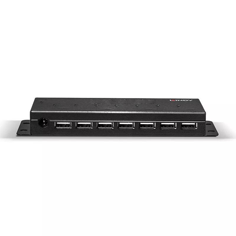 Lindy 42794 metalinis pramoninis USB 2.0 šakotuvas, 7 prievadai, 480 Mbit/s, tvirtinimo auselės, išorinis maitintuvas, juodas