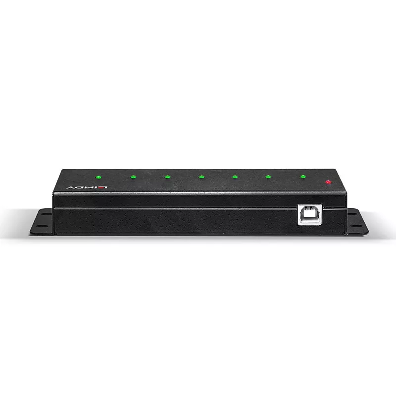 Lindy 42794 metalinis pramoninis USB 2.0 šakotuvas, 7 prievadai, 480 Mbit/s, tvirtinimo auselės, išorinis maitintuvas, juodas
