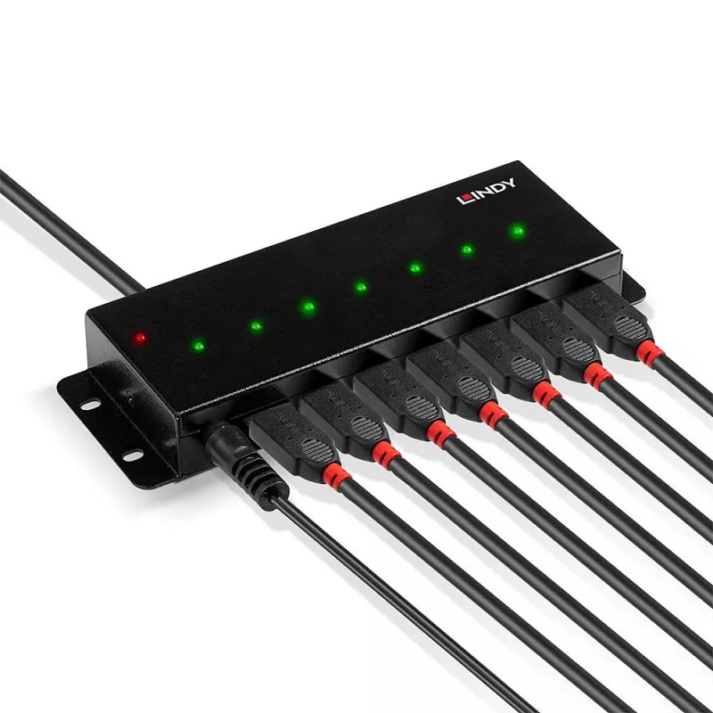 Lindy 42794 metalinis pramoninis USB 2.0 šakotuvas, 7 prievadai, 480 Mbit/s, tvirtinimo auselės, išorinis maitintuvas, juodas