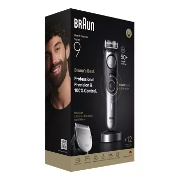Braun BeardTrimmer 9 BT9560 barzdos kirpimo mašinėlė, akumuliatorinė, 52 mm, 2 cm, šlapiam ir sausam naudojimui, juoda, sidabrinė