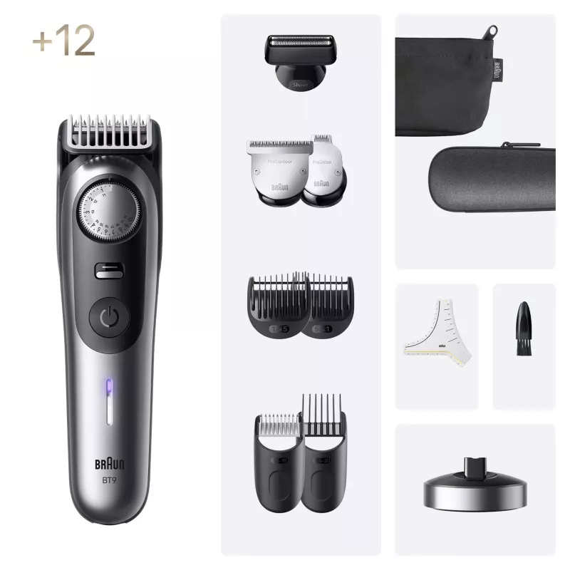 Braun BeardTrimmer 9 BT9560 barzdos kirpimo mašinėlė, akumuliatorinė, 52 mm, 2 cm, šlapiam ir sausam naudojimui, juoda, sidabrinė