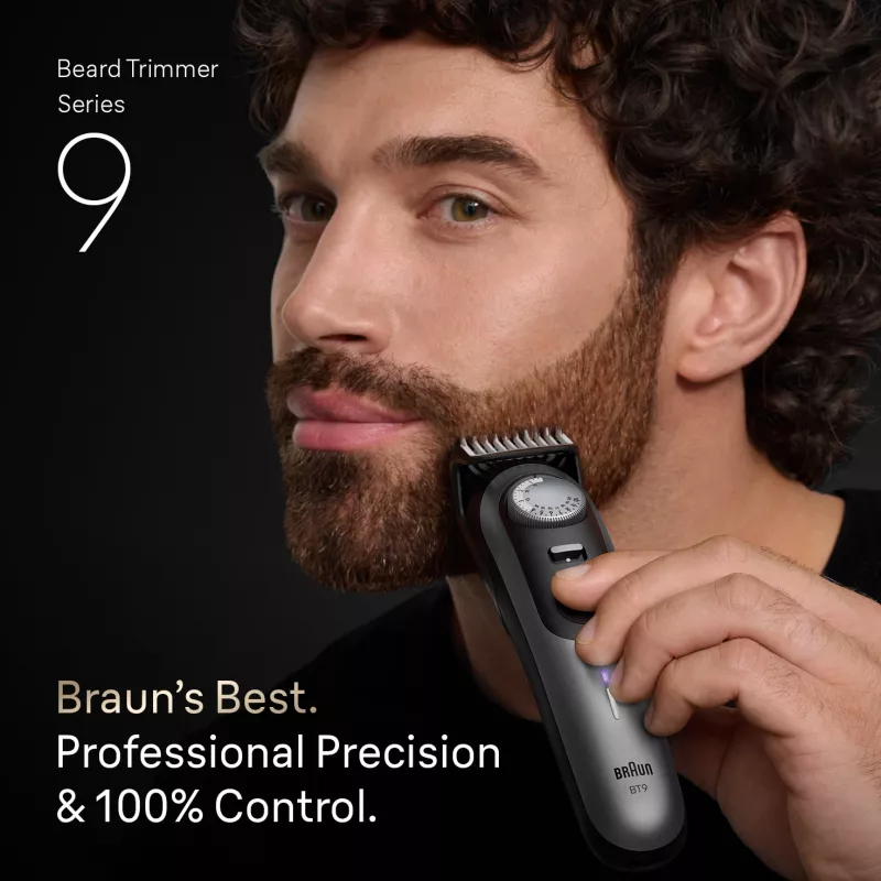 Braun BeardTrimmer 9 BT9560 barzdos kirpimo mašinėlė, akumuliatorinė, 52 mm, 2 cm, šlapiam ir sausam naudojimui, juoda, sidabrinė