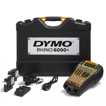 DYMO Rhino 6000+ Pramoninis etikečių spausdintuvas su kietuoju dėklu, 1 vinilo juostos kasetė, 1 nailono juostos kasetė ir įkraunama ličio jonų baterija