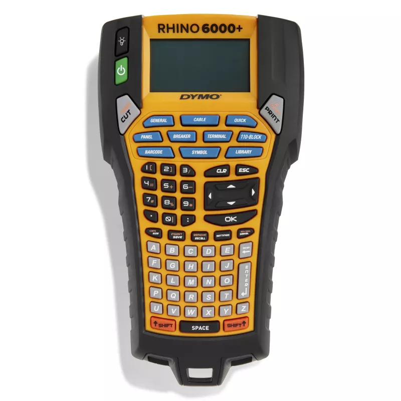 DYMO Rhino 6000+ Pramoninis etikečių spausdintuvas su kietuoju dėklu, 1 vinilo juostos kasetė, 1 nailono juostos kasetė ir įkraunama ličio jonų baterija
