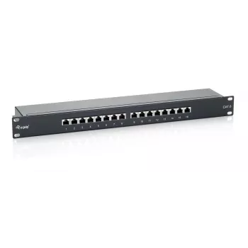 Equip 16 prievadų Cat.6 ekranuotas skirstomasis skydas, juodas, RJ-45, auksiniai kontaktai, Cat6, montavimas į stelažą, 1U