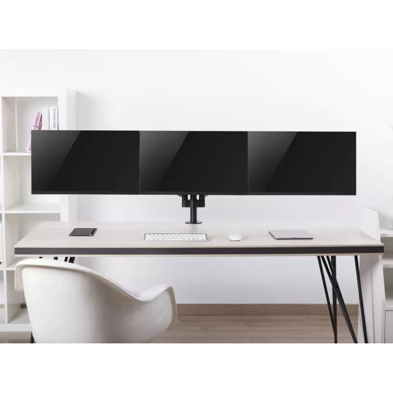 Equip trijų monitorių laikiklis stalviršiui 17-27 colių, spaustuvinis, 21 kg, 75x75 mm, 100x100 mm, aukščio reguliavimas, juodas