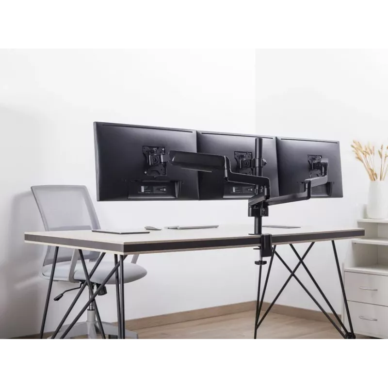 Equip trijų monitorių laikiklis stalviršiui 17-27 colių, spaustuvinis, 21 kg, 75x75 mm, 100x100 mm, aukščio reguliavimas, juodas