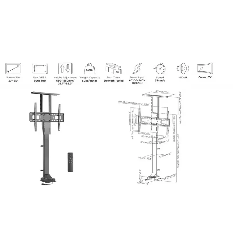 Equip 650606 motorizuotas TV stovas 37–65 coliams su nuotolinio valdymo pultu