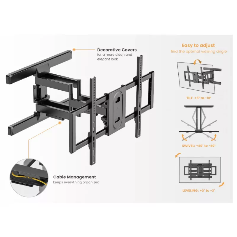 Equip pilno judesio TV laikiklis 43-100 colių, 200x200-800x400 mm, -10-5°, -60-60°, plastikas, nerūdijantis plienas, juodas